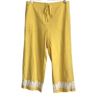 Talbots Size 8 Linen Blend Crop Pants Sunshine Yellow Embroidered Drawstring